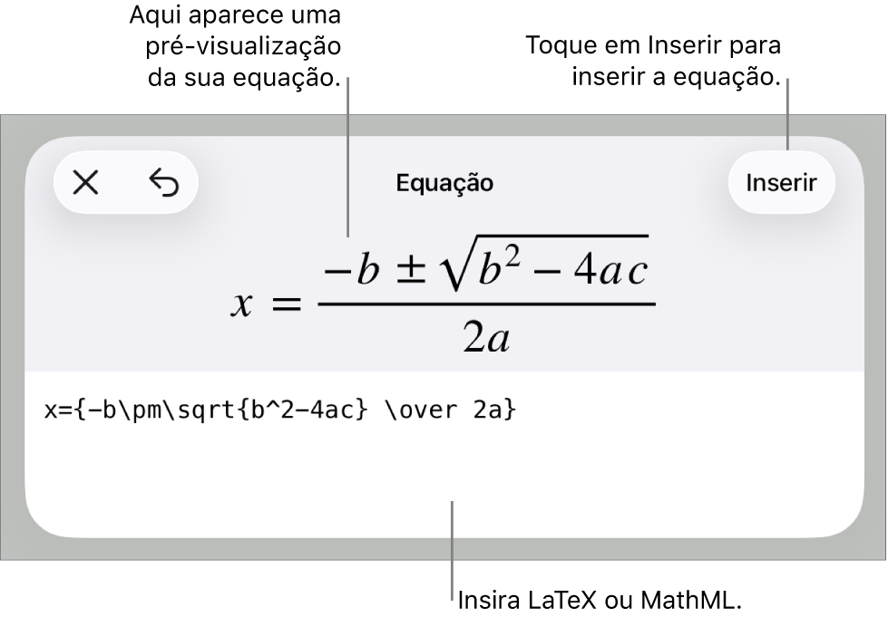 O diálogo de Equação, mostrando uma equação escrita com comandos MathML e uma pré-visualização da fórmula acima.