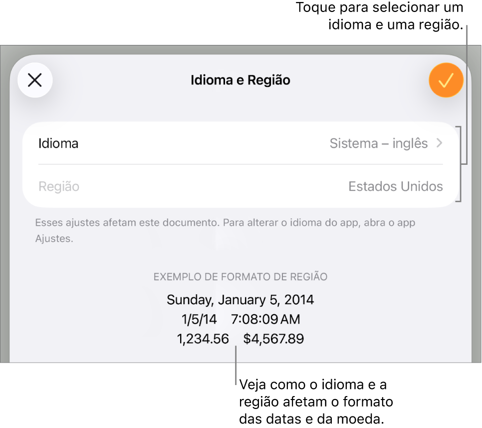 Painel de Idioma e Região com controles para idioma e região e um exemplo de formatação, incluindo data, hora, decimal e moeda.