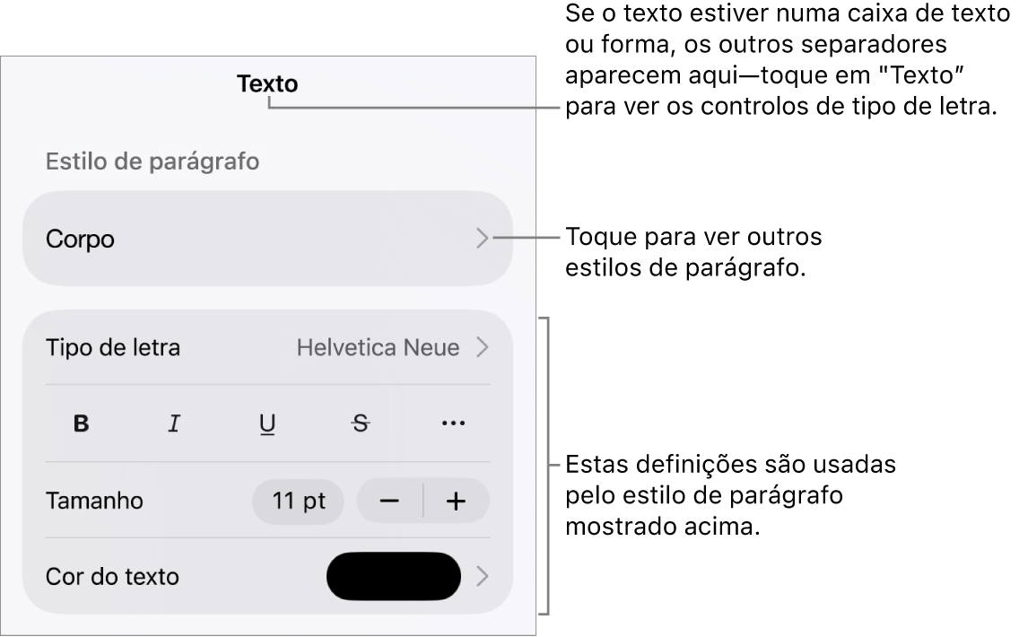 O menu "Formatação” a apresentar controlos de texto para definir estilos de parágrafo e carácter, tipo de letra, tamanho e cor.