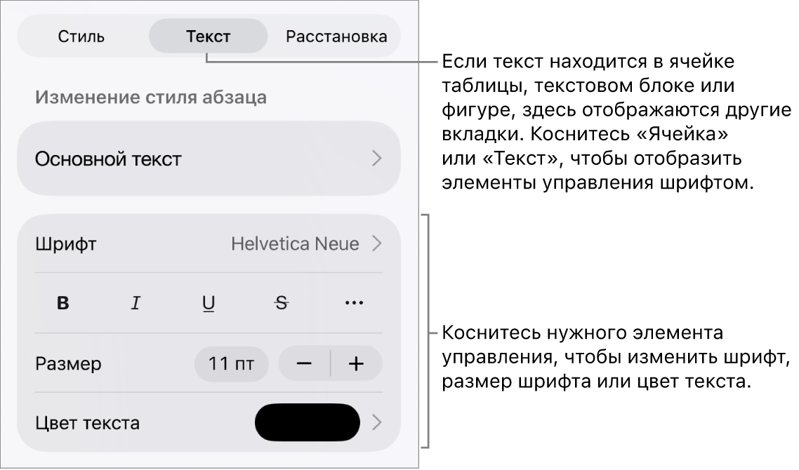 Элементы управления текстом в меню «Формат» для настройки стилей абзацев и символов, шрифта, размера и цвета.
