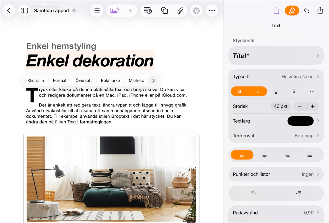 Ett öppet Pages-dokument med text markerad och textformateringsalternativ öppna.