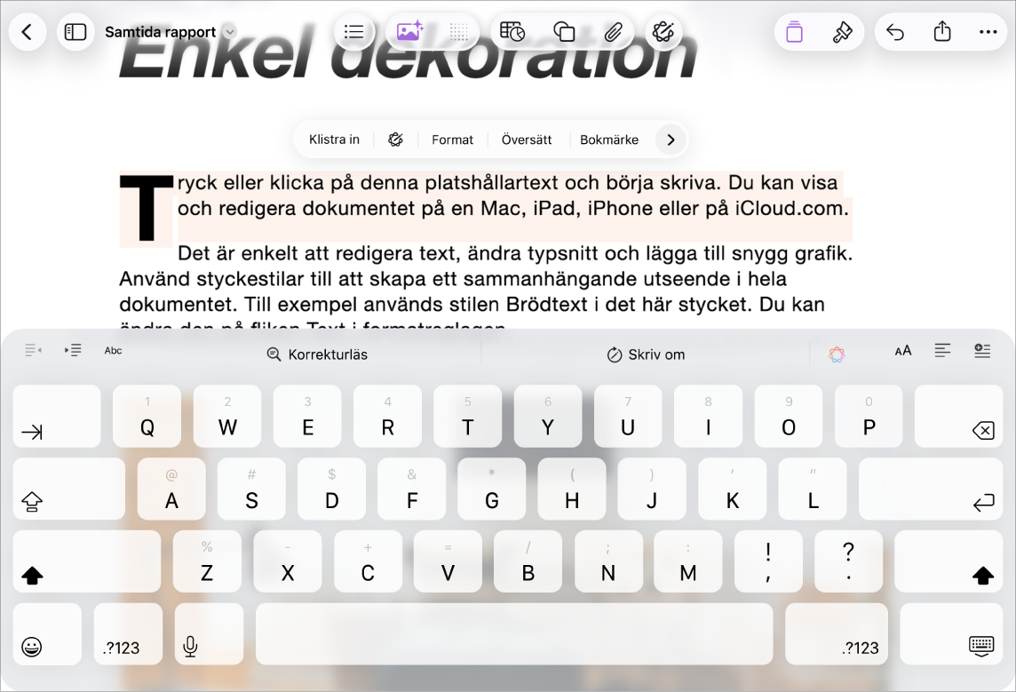 Pages-dokument öppet med markerad platshållartext.
