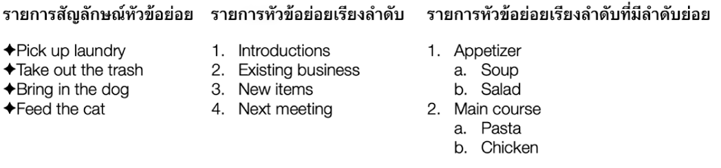 ตัวอย่างรายการที่มีสัญลักษณ์หัวข้อย่อย รายการที่จัดลำดับ และรายการที่จัดลำดับโดยมีลำดับชั้น