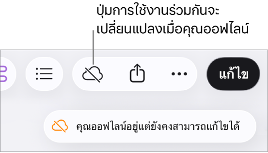 การเตือนบนหน้าจอแจ้งว่า “คุณออฟไลน์อยู่แต่ยังคงสามารถแก้ไขได้”