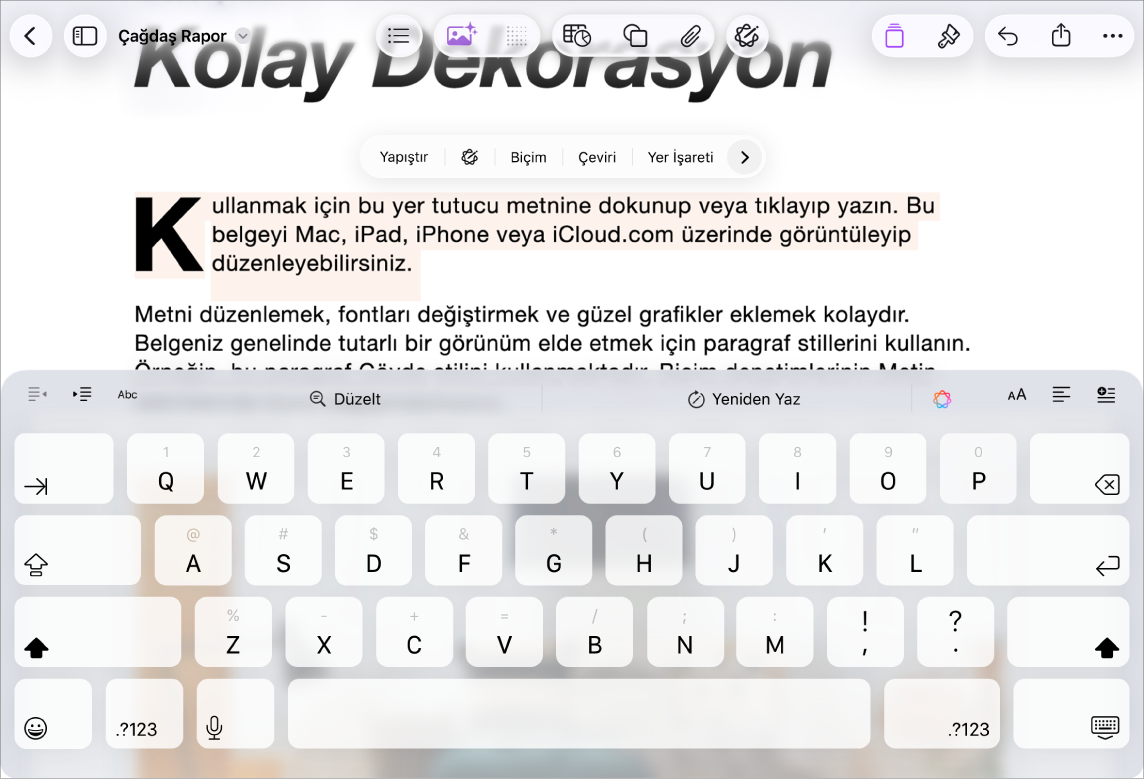 Pages belgesi açık, yer tutucu metin seçili.