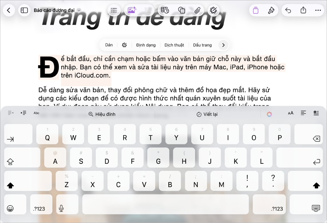 Tài liệu Pages đang mở với văn bản giữ chỗ được chọn.