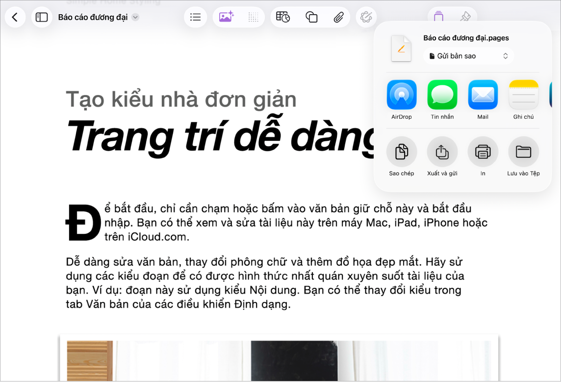 Trong tài liệu đang làm việc, với các tùy chọn cho Chia sẻ hoặc Xuất đang mở.