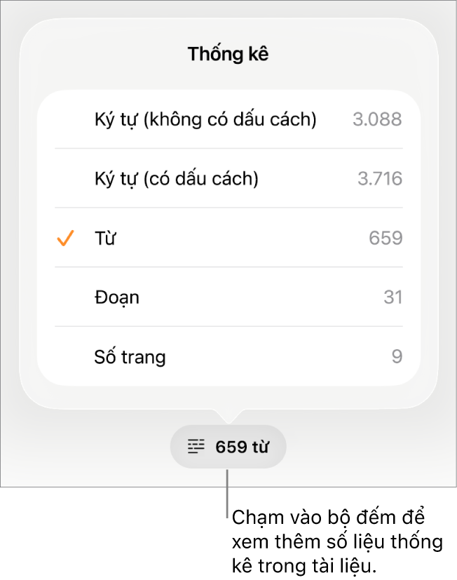 Bộ đếm từ với menu đang hiển thị các tùy chọn để hiển thị số lượng ký tự có và không có dấu cách, số từ, số đoạn và số trang.
