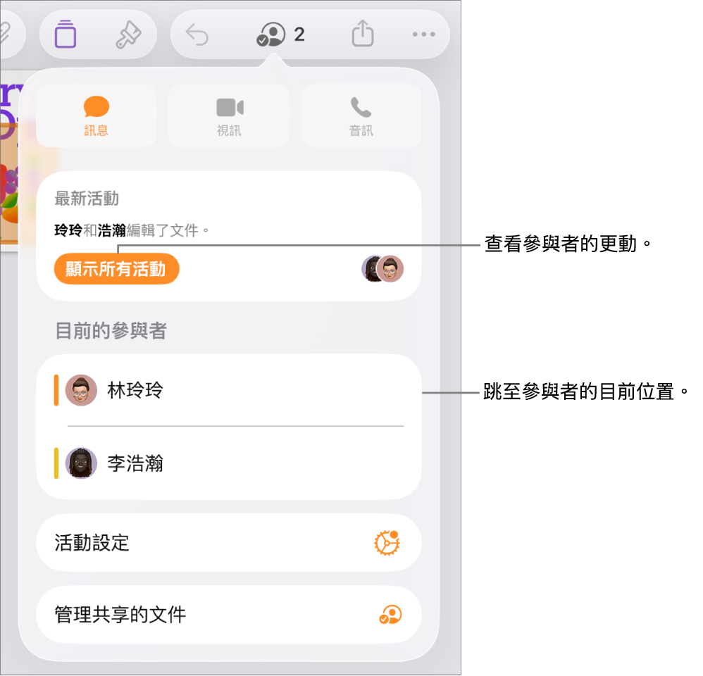 合作選單列出目前的參與者。
