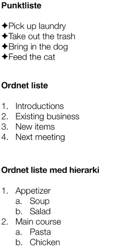 Eksempler på punktlister, ordnede lister og hierarkiske lister.
