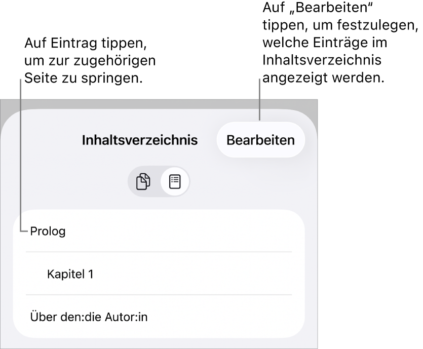 Das Inhaltsverzeichnis mit den Überschriften in Listenform. Die Taste „Bearbeiten“ befindet sich in der oberen rechten Ecke. Unten sind die Tasten „Seitenminiaturen“ und „Inhaltsverzeichnis“ zu sehen.