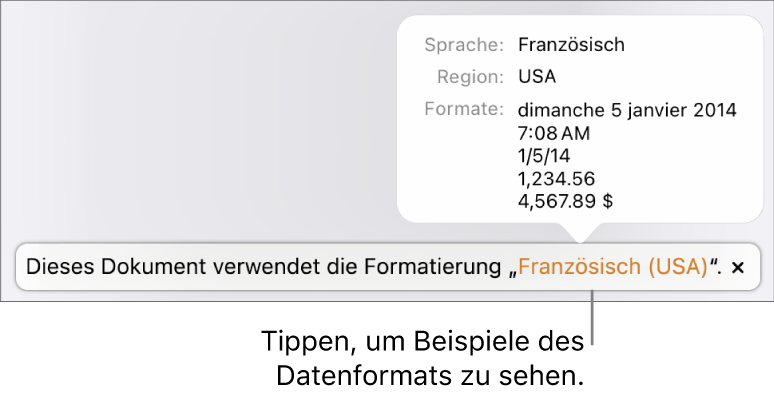 Die Mitteilung zur anderen Sprache und Region mit Beispielen der Formatierung in dieser Sprache und Region.