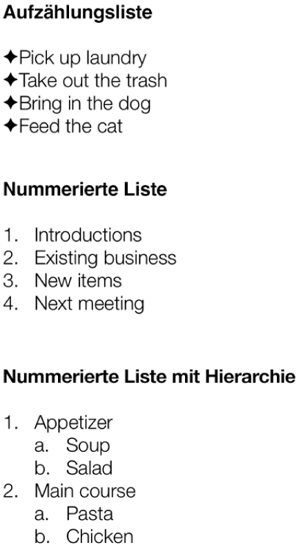Beispiele für Listen mit Aufzählungspunkten, nummerierte Listen und hierarchische Listen