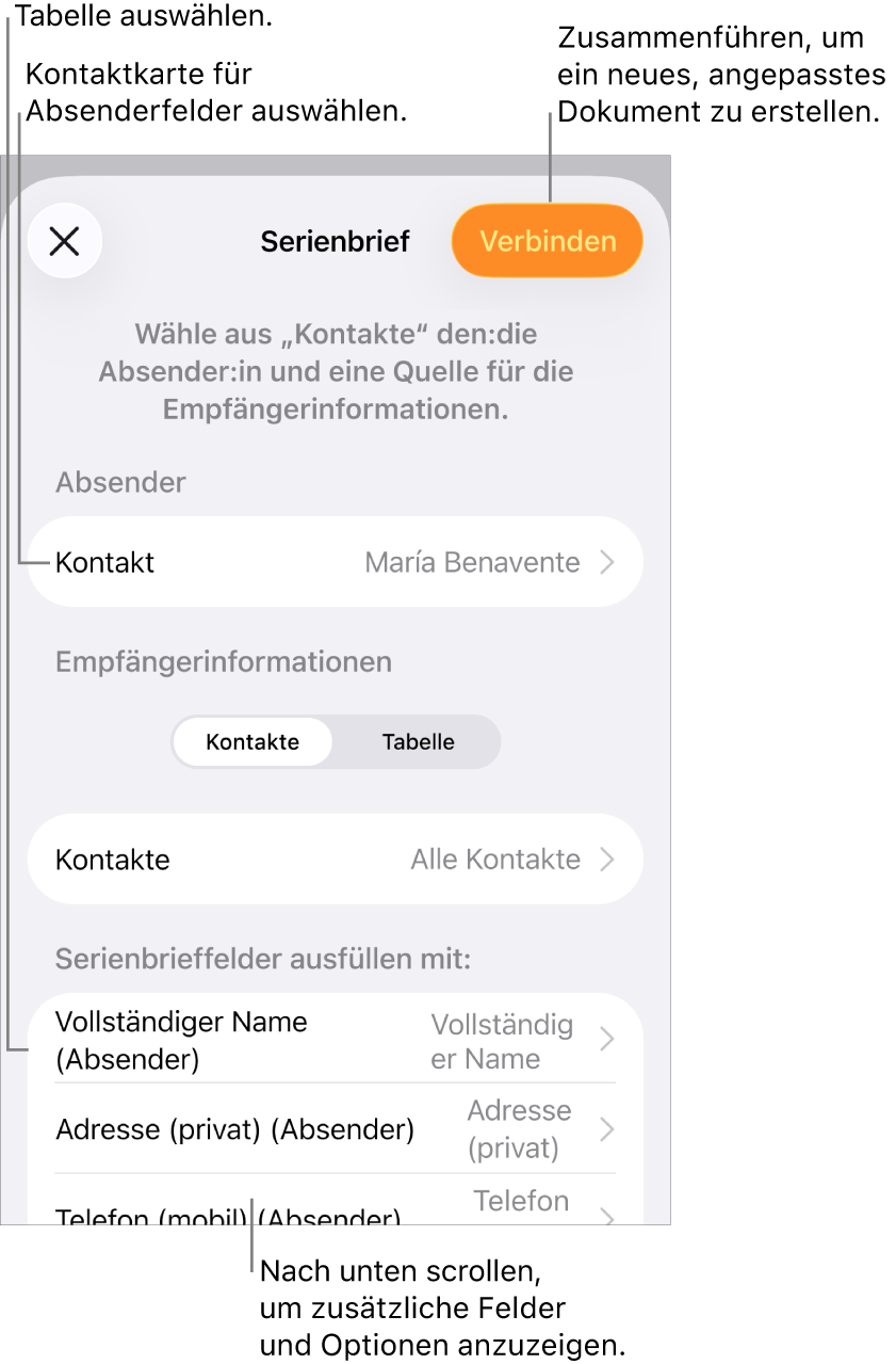 Der geöffnete Bereich „Serienbrief“ mit Optionen zum Auswählen von Absenderinformationen, Ändern der Quelldatei oder -tabelle, Anzeigen einer Vorschau der Serienbrieffeld-Namen oder Erstellen des Serienbrief-Dokuments.