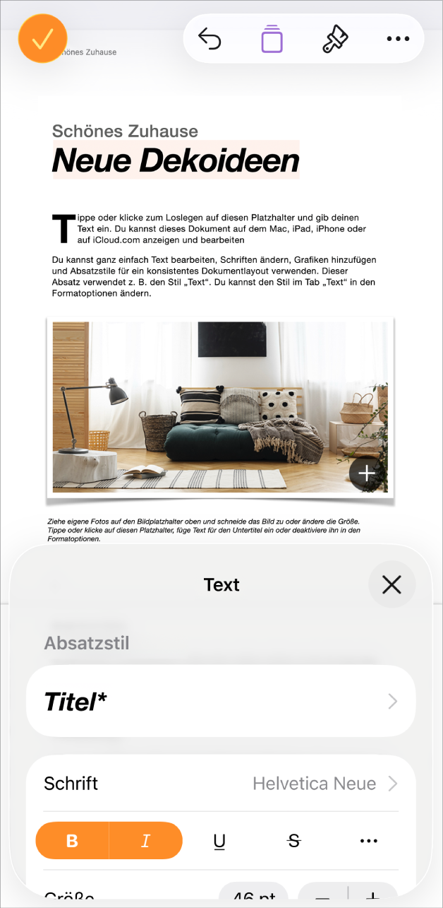 In einem geöffneten Dokument ist Text ausgewählt und unten werden die Textoptionen angezeigt.