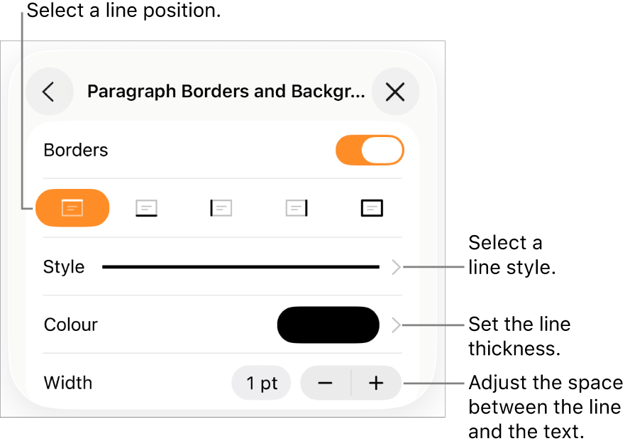 Controls to change the line style, thickness, position and colour.
