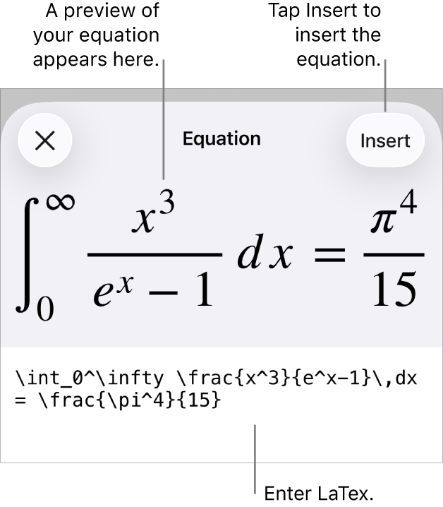 The Equation dialogue, showing an equation written using LaTex commands, and a preview of the formula above.