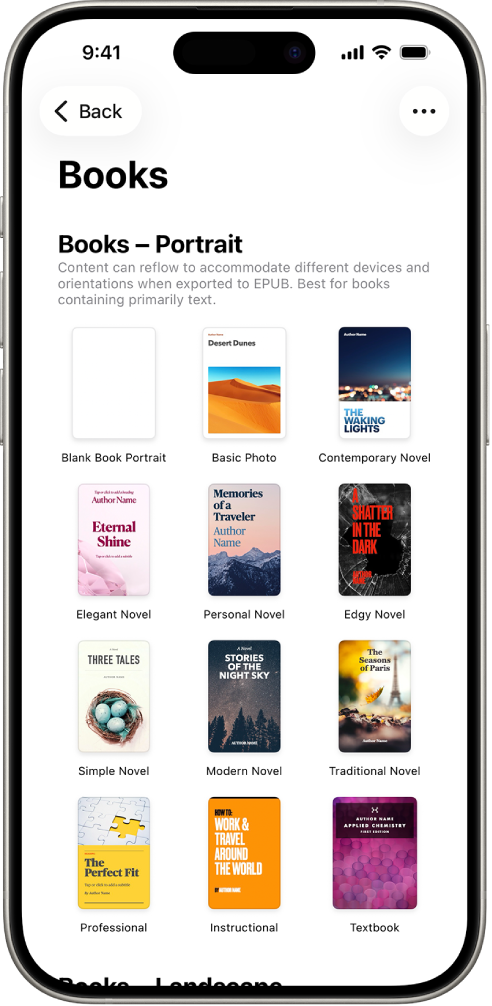 The template chooser with book templates in portrait orientation at the top and landscape orientation below.
