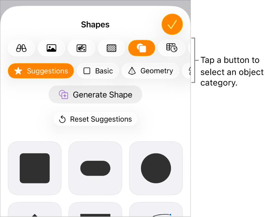 The controls for adding an object, with buttons at the top to choose tables, charts, and shapes (including lines and text boxes), and media.