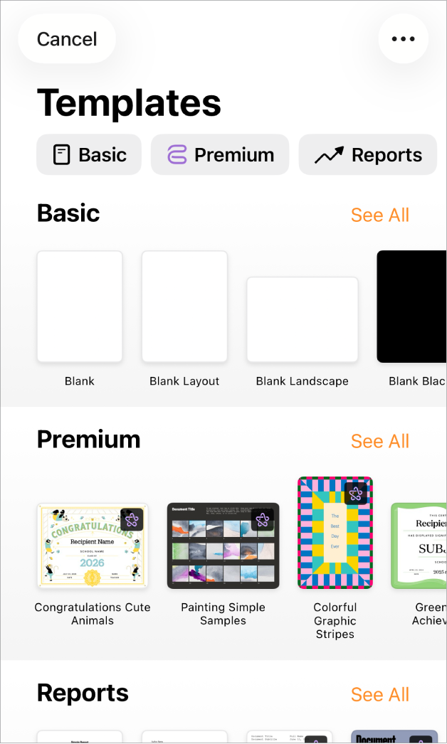 The template chooser, showing a row of categories across the top that you can tap to filter the options. Below are thumbnails of predesigned templates arranged in rows by category, starting with New at the top and followed by Recents and Basic. A See All button appears above and to the right of each category row. The Language and Region button is in the top-right corner.