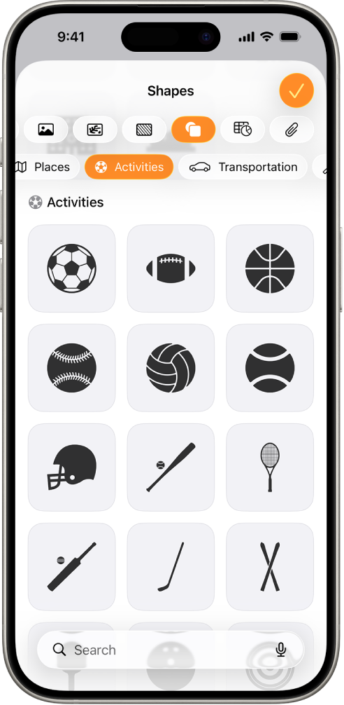 The Insert menu with buttons across the top to add tables, charts, shapes, and media. Shapes is selected and its menu shows a row of categories with a Search button on the left. The category Activities is selected and shapes appear below.