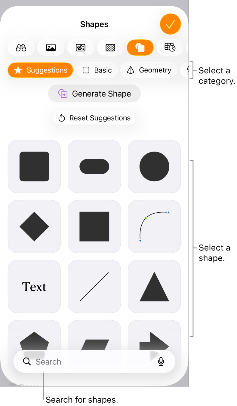 The shapes library, with categories at the top and shapes displayed below. You can use the search button at the top to find shapes and swipe to see more.