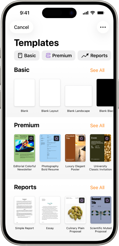 The template chooser, showing a row of categories across the top that you can tap to filter the options. Below are thumbnails of predesigned templates arranged in rows by category, starting with New at the top and followed by Recents and Basic. A See All button appears above and to the right of each category row.