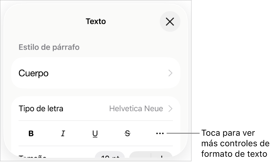 La pestaña Texto de los controles de formato, con un mensaje en el botón Más opciones de texto.