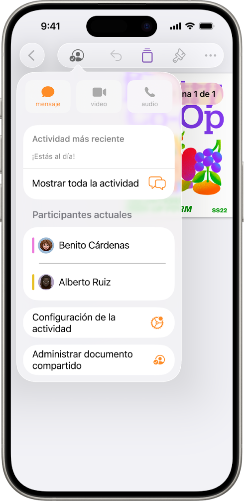 El menú de colaboración mostrando los nombres de las personas que colaboran en el documento.