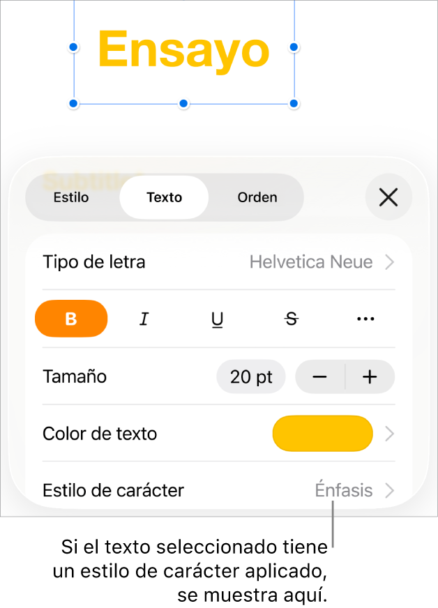 Los controles de formato de texto con Estilo de carácter debajo de los controles de color. El estilo de carácter Ninguno aparece con un asterisco.