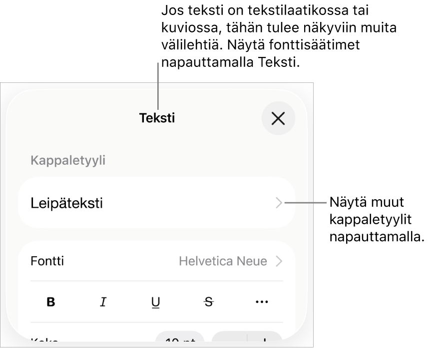 Muoto-valikko, jossa on tekstisäätimet kappale- ja merkkityylien, fontin, koon ja värin valitsemista varten.