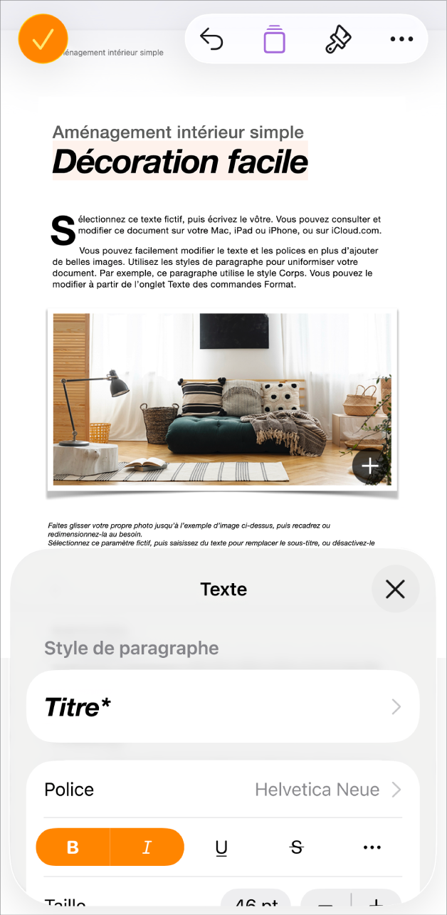 Dans un document ouvert, le texte est sélectionné et les options de texte sont affichées au bas.