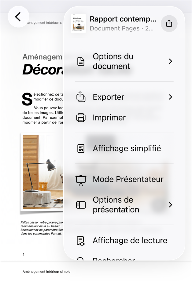 Le menu Partager s’affiche, avec les options d’envoi dans le haut et les options Copier, Exporter et envoyer, Imprimer, Nouvelle note rapide, Ajouter des étiquettes et Enregistrer dans Fichiers dans le bas.