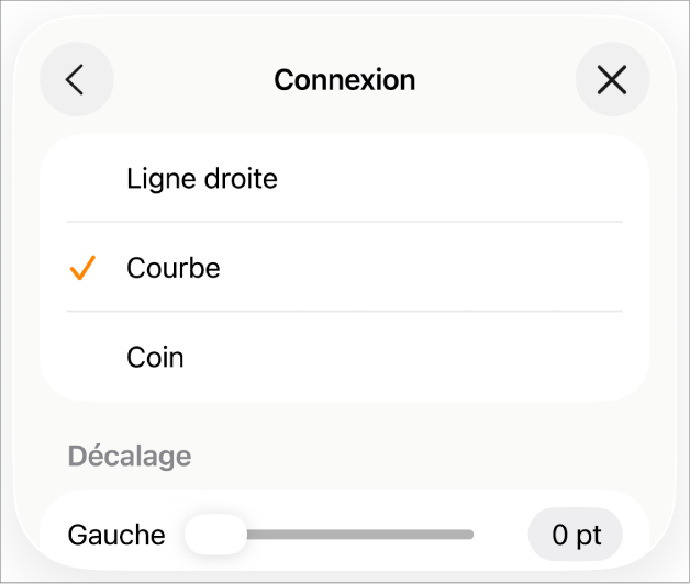 Les commandes Connexion avec l’option Courbe sélectionnée.