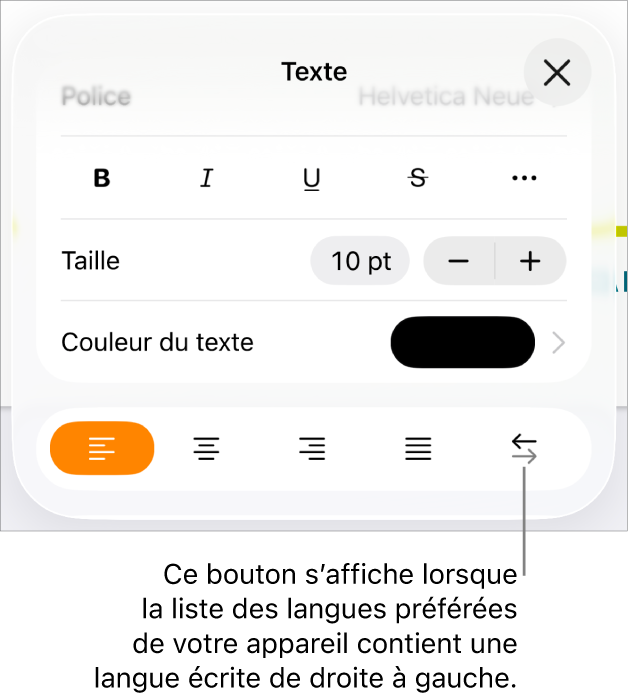 Les commandes de texte dans le menu Format avec une légende pointant vers le bouton « Droite à gauche ».