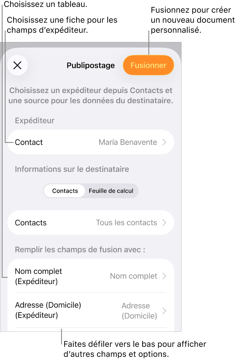 Sous-fenêtre Publipostage ouverte, avec des options pour choisir les informations de l’expéditeur, modifier le fichier ou le tableau source, prévisualiser les noms des champs de fusion ou des enregistrements individuels, ou fusionner le document.