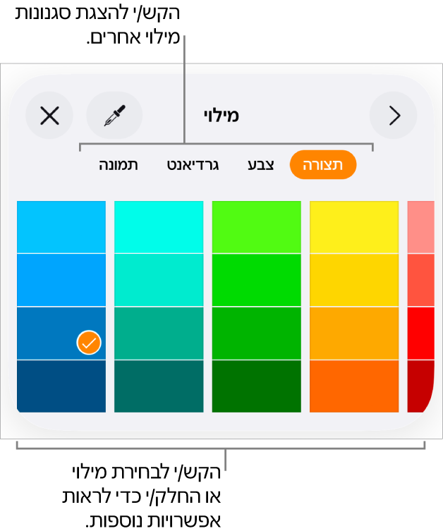 אפשרויות מילוי בכרטיסייה ״סגנון״ של הכפתור ״עיצוב״.