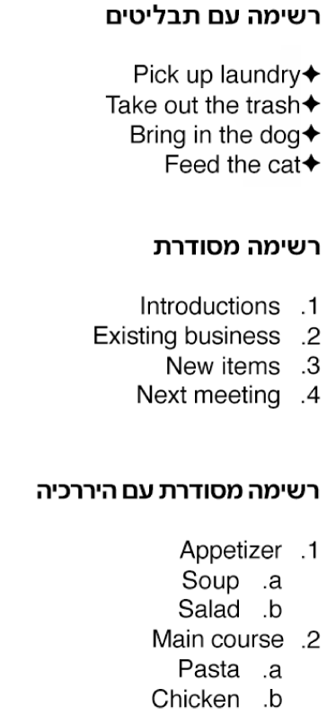 דוגמאות של רשימות עם תבליטים, רשימות מסודרות ורשימות היררכיות.