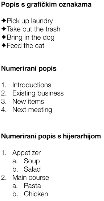 Primjeri popisa s grafičkim oznakama, numeriranih popisa i popisa s hijerarhijom.