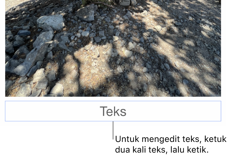 Teks placeholder, “Teks”, muncul di bawah foto; kerangka biru di sekitar bidang teks menampilkan bahwa objek dipilih.