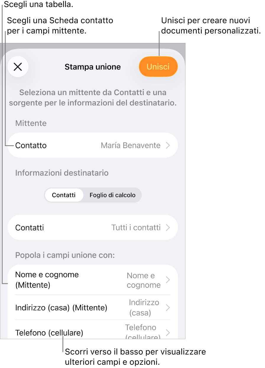 Si apre il pannello “Stampa unione”, con le opzioni per scegliere le informazioni sul mittente, modificare il file o la tabella di origine, visualizzare l’anteprima dei nomi dei campi unione o unire il documento.