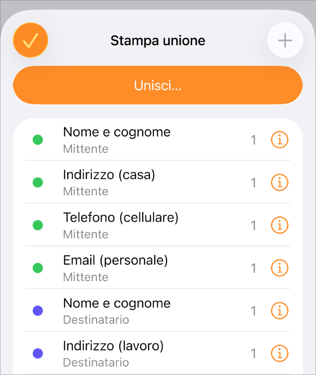 L’elenco delle istanze dei campi unione istanze nel menu “Stampa unione”.