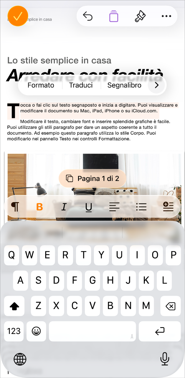 In un documento aperto, il testo segnaposto del modello è selezionato.