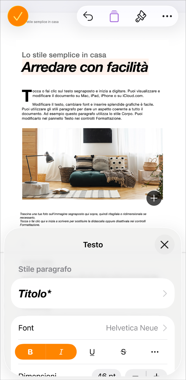 In un documento aperto, il testo viene selezionato e le opzioni di testo vengono visualizzate in basso.