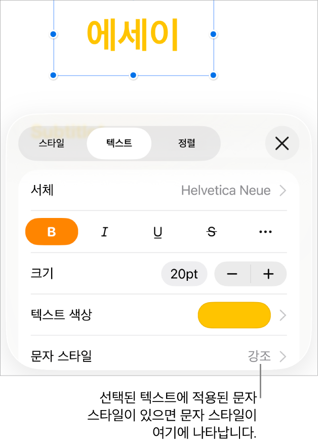 색상 제어기 아래 문자 스타일이 있는 텍스트 포맷 제어기. 문자 스타일 없음이 별표와 함께 표시됨.