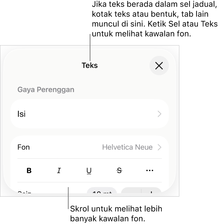 Kawalan teks dalam menu Format untuk mengesetkan perenggan dan gaya, fon, saiz dan warna aksara.