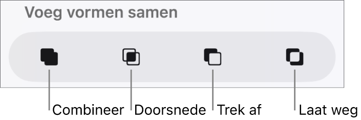 De knoppen 'Combineer', 'Doorsnede', 'Trek af' en 'Laat weg' onder 'Voeg vormen samen'.