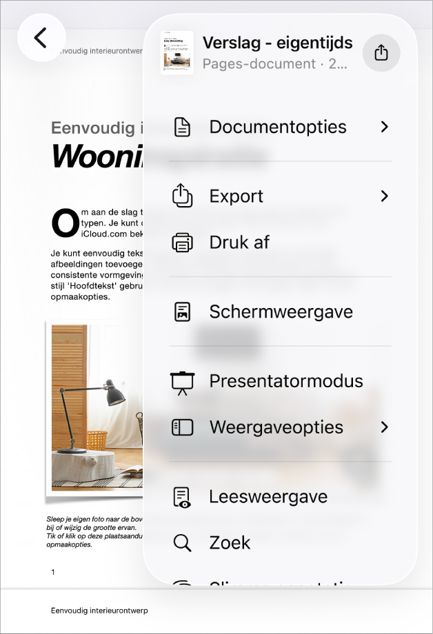 Het Deel-menu met verzendopties bovenaan en daaronder de opties 'Kopieer', 'Exporteer en verstuur', 'Druk af', 'Nieuwe snelle notitie', 'Voeg tags toe' en 'Bewaar in Bestanden'.