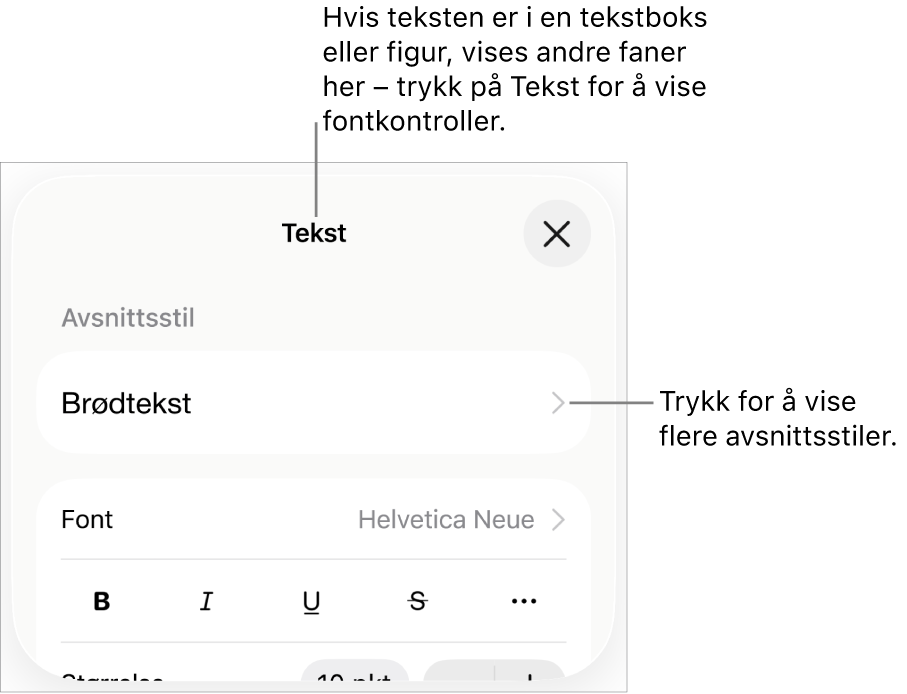 Format-menyen som viser tekstkontroller for å angi avsnitts- og tegnstiler, font, størrelse og farge.