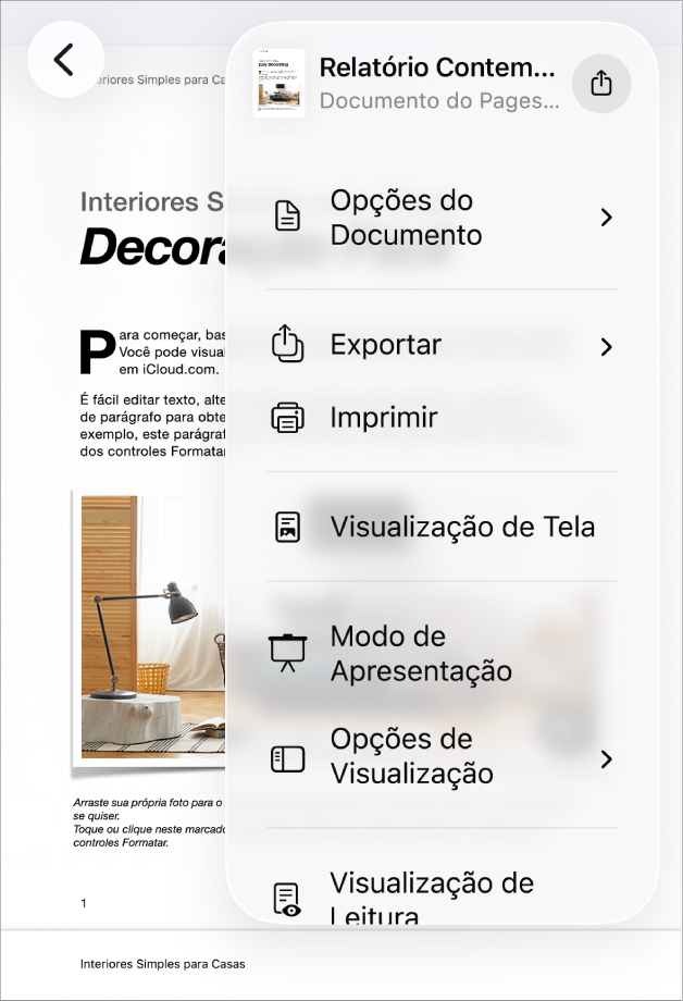 O menu Compartilhar aparece, com opções de envio na parte superior e as opções Copiar, Exportar e Enviar, Imprimir, Nova Nota Rápida, Adicionar Etiquetas e Salvar em Arquivos abaixo.